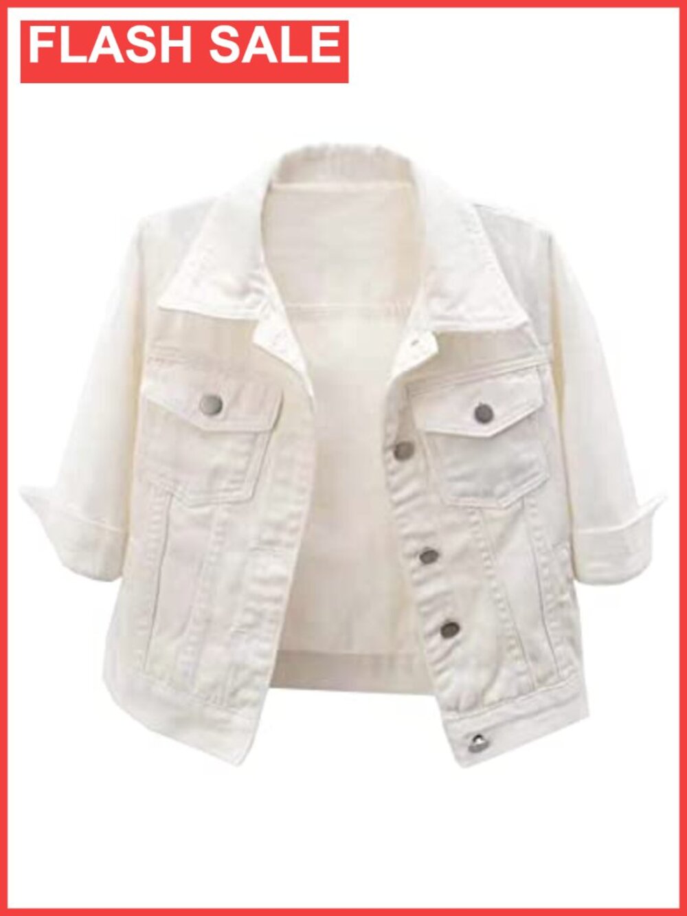 Womens 3/4 Sleeve Cropped Denim Trucker Jacket Button Down Jean Coat